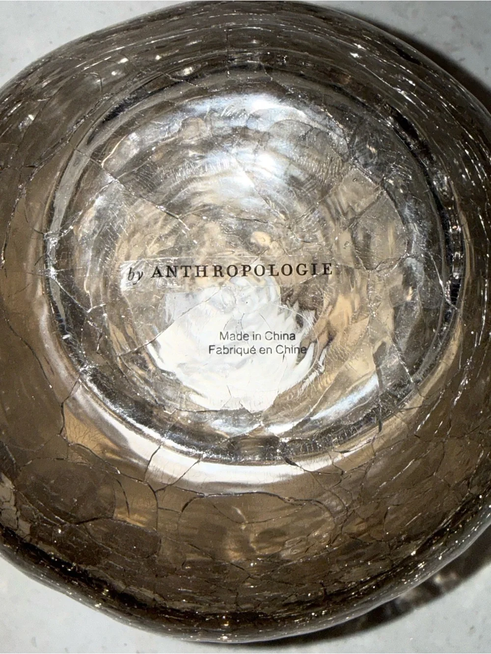 Anthropologie Smoky Gray Crackle Glass Vase 7” Tall 5” Wide Bulbous Hand Blown